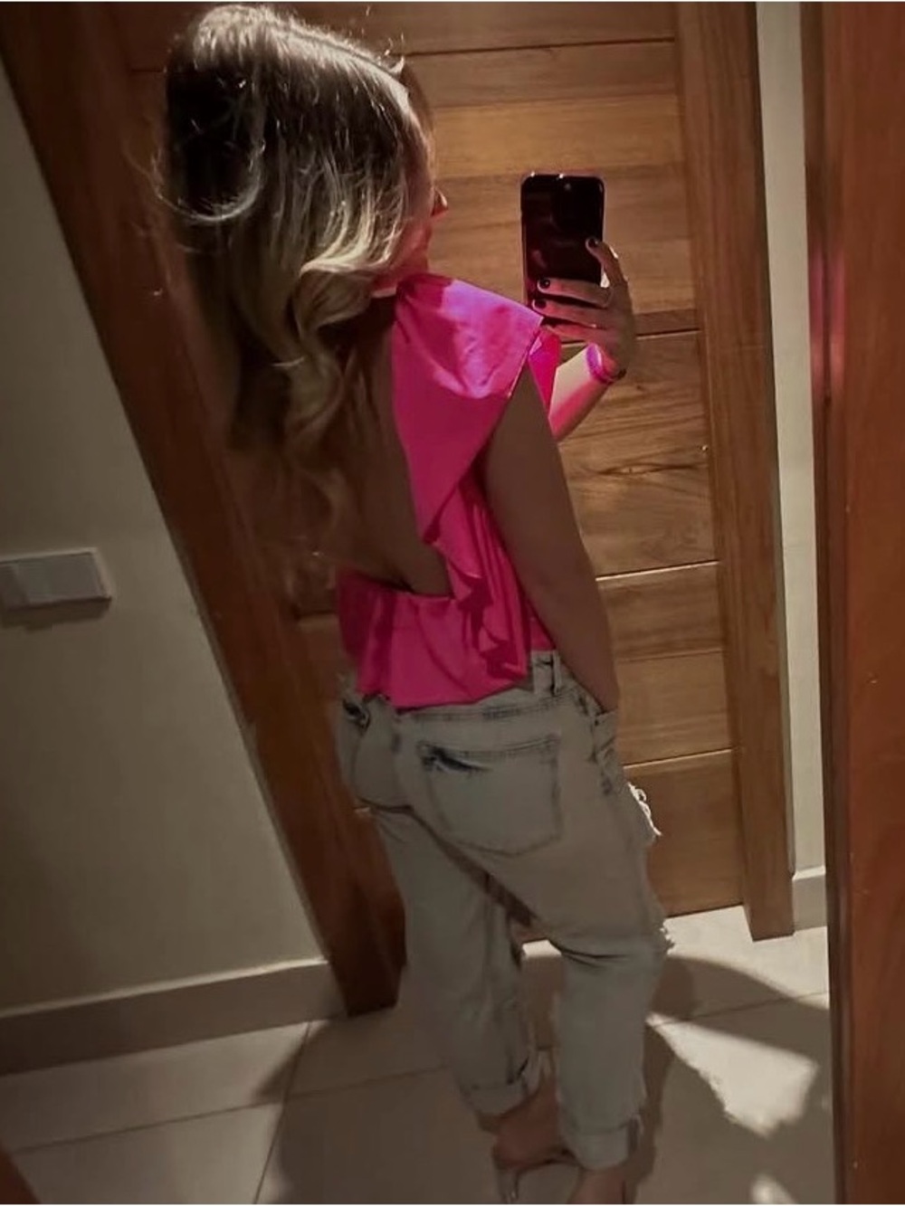 Open-Back Ruffled Sleeve Women’s Top in Hot Pink